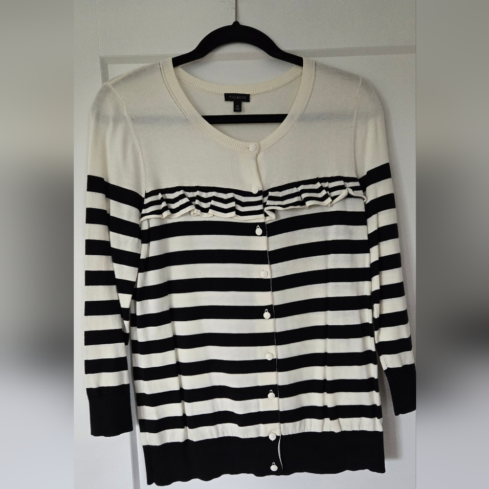 Talbots Black and White Striped Cardigan